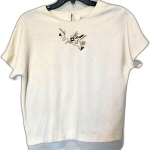 Vintage 80s Ivory Embroidered Boxy Top XL Made USA